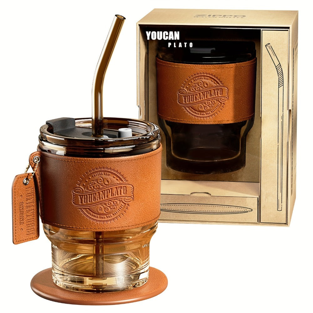 Glass Coffee Cup with Straw 14 Oz – BPA-Free Glass Travel Mug & Water Bottle for Men & Women – Tumbler for Coffee, Juice & Office Use – Easy to Clean – Brown & Dark Green