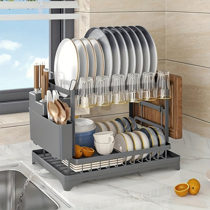 2-Tier Metal Dish Drying Rack with Drainboard – Kitchen Counter Dish Drainer Compact Countertop Drying Rack Black White Gray