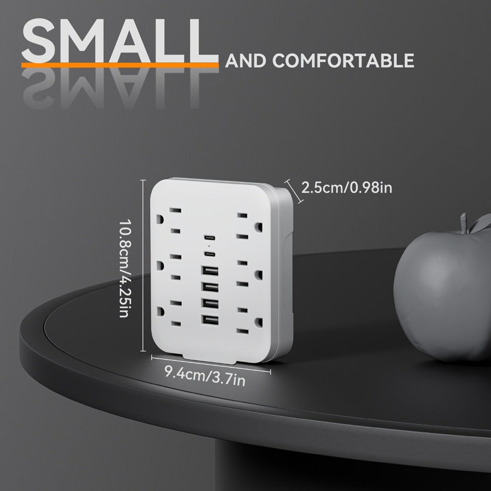 Wall Power Strip 12-in-1 with 6 AC Outlets & 6 USB Ports (2 USB-C) – Compact Space-Saving Plug, 110-130V US Plug for Home & Office – White & Black