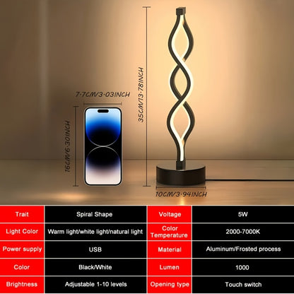 Spiral LED Table Lamp – Modern Minimalist Wave Dimmable Desk Lamp, 3 Color Temperatures, USB Charging, Metallic Base, Creative Curved Night Light for Bedroom Living Room Office Study (1pc / 2pc / Wooden)
