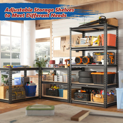 5-Tier Heavy Duty Garage Shelving Unit 2000LBS – Metal & Wood Storage Shelves, Adjustable Utility Rack for Garage, Basement, Pantry, Warehouse, Kitchen & Office, Tool-Free Assembly, Black