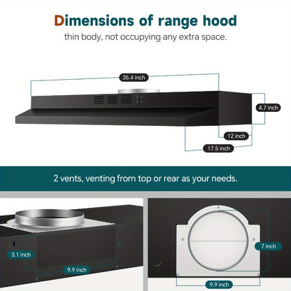 Range Hood 36 Inch Under Cabinet Ducted Ductless Convertible Stainless Steel 350CFM 2-Speed Exhaust Fan LED Light 3-Layer Aluminum Mesh Filter Top Rear Venting Kitchen Vent Hood