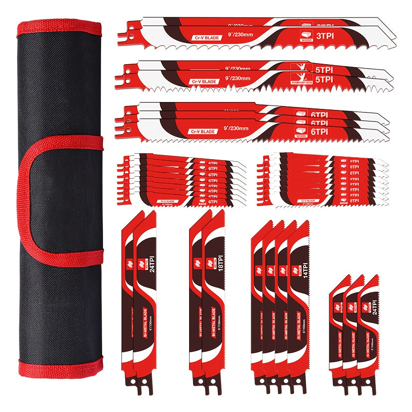 Reciprocating Saw Blades Set 34-Piece – Universal Fit Heavy Duty Bi-Metal Blades for Metal & Wood Cutting, Demolition, Pruning, Remodeling, Compatible with DeWalt Makita Milwaukee Bosch, Storage Pouch
