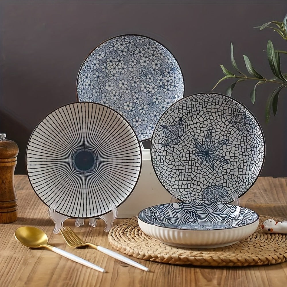 Japanese Ceramic Plates Set of 4 – Floral Yamada Pattern Dinnerware, 7-Inch Round Serving Plates with Non-Slip Edge, Underglaze Color, Nordic Style Steak & Salad Dish
