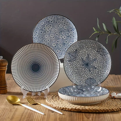 Japanese Ceramic Plates Set of 4 – Floral Yamada Pattern Dinnerware, 7-Inch Round Serving Plates with Non-Slip Edge, Underglaze Color, Nordic Style Steak & Salad Dish