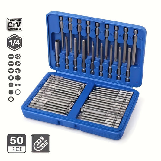 Magnetic Screwdriver Bits Set 50pcs – 75mm Extended Security Bits, 1/4" Hex Shank, Torx Star Hex Spline, for Power Drills & Hand Screwdrivers