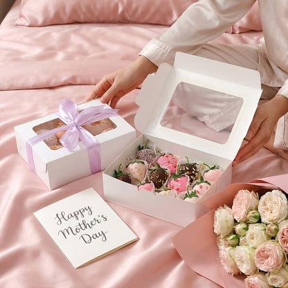 Cookie Boxes with Window 48pcs | 8x6x2.5 Inch Bakery Boxes 3 Styles | Clear Window Pastry Gift Boxes for Chocolate Covered Strawberries, Candy, Donuts, Cookies | Birthday Party, Wedding, Father's Day