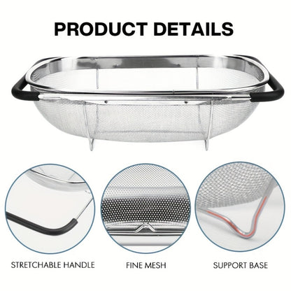 Stainless Steel Colander Expandable Fine Mesh Drain Basket Strainer for Vegetables Fruits Pasta Rice Kitchen Sink Washing Bowl Food Strainer