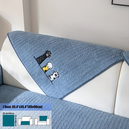 Sherpa Sofa Cover Cat Paw Embroidered Thick Plush Couch Slipcover Non-Slip Seat Cushion Protector Pet-Friendly Machine Washable Furniture Cover for Living Room Home Decor