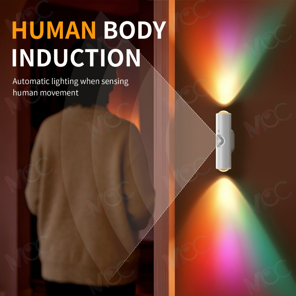 LED Magnetic Night Light Dual Voice & Motion Sensor – 9 Colors Dimmable, 665mAh Battery, Drill-Free Magnetic Install for Hallway, Bedside & Storage Room Ambient Lighting