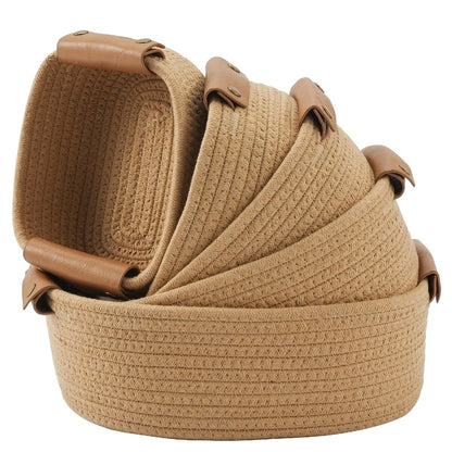 Cotton Rope Storage Basket Set of 5 Woven Baskets with Leather Handles for Shelves Bathroom Bedroom Living Room Office Organizer Bins Boho Home Decor Natural Brown White Black