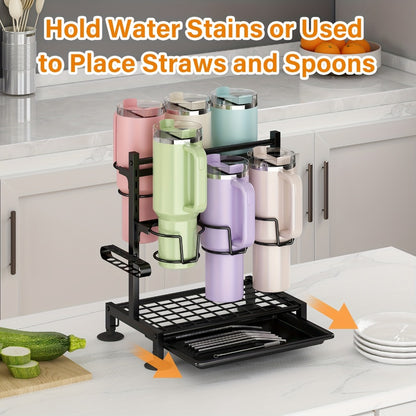 Cup Holder Rack 6-Grid Cast Iron Water Bottle Organizer for Kitchen Cabinet | Adjustable Height Drinkware Storage Rack Holds 40oz Cups Mugs Tumblers Stanley Bottles Space-Saving Kitchen Organizer