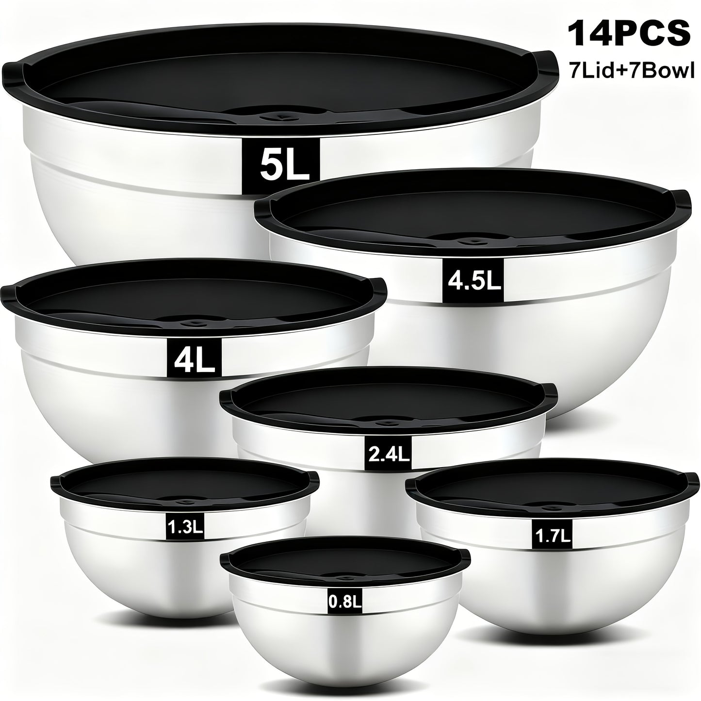 Stainless Steel Mixing Bowls with Airtight Lids Set of 14 Seven Nesting Bowls 0.7 to 4.5QT for Mixing Serving Salad Food Prep Kitchen Storage