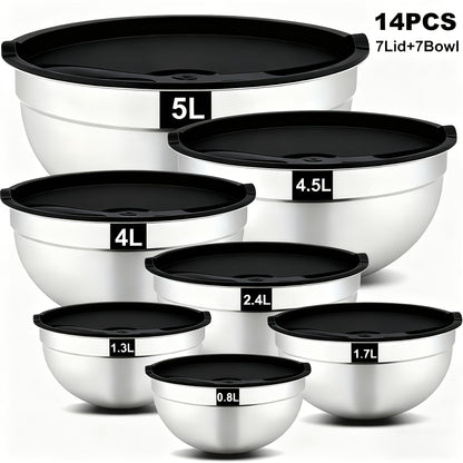 Stainless Steel Mixing Bowls with Airtight Lids Set of 14 Seven Nesting Bowls 0.7 to 4.5QT for Mixing Serving Salad Food Prep Kitchen Storage