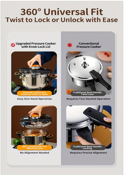 Pressure Cooker Stainless Steel with One-Twist Lock Lid – Heavy-Duty Induction & Gas Compatible Stew Pot in 1.32gal, 1.59gal & 2.11gal, Dishwasher Safe Family Soup Cooker for Daily Cooking