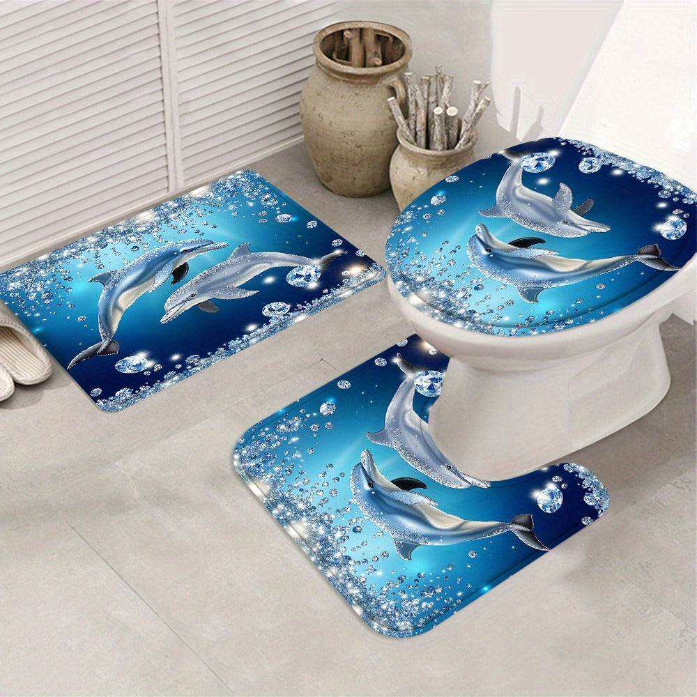 4pcs Dolphin Shower Curtain Set with Non-Slip Bath Mat, Toilet Rug & 12 Hooks – Waterproof Bathroom Decor Gift Set