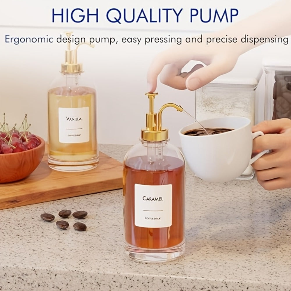 Glass Coffee Syrup Dispenser Set 4-Piece – 16.9oz Pump Bottles with Labels for Coffee Bar, Kitchen Syrup Organizer, Food-Safe Dispenser for Sauces, Oils & Flavored Syrups – Gold, Silver, Black