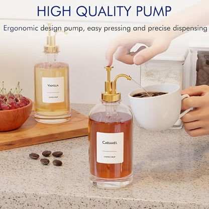 Glass Coffee Syrup Dispenser Set 4-Piece – 16.9oz Pump Bottles with Labels for Coffee Bar, Kitchen Syrup Organizer, Food-Safe Dispenser for Sauces, Oils & Flavored Syrups – Gold, Silver, Black