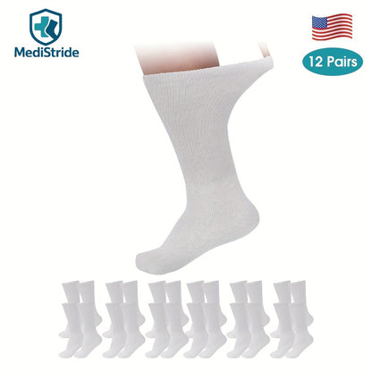 Cotton Diabetic Crew Socks 12 Pairs Non-Binding Neuropathy Loose Fit Seamless Cushioned Full Length for Men Women Edema Sensitive Feet White Black Brown Khaki Navy Grey