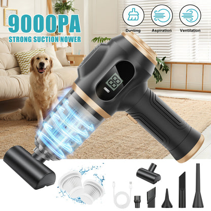 Cordless Handheld Vacuum Cleaner with LCD Display & Multi-Nozzles, 9000Pa Suction 50000RPM HEPA Filter, 2-in-1 Blow & Vacuum for Car Home Office Pet Hair Keyboard Sofa