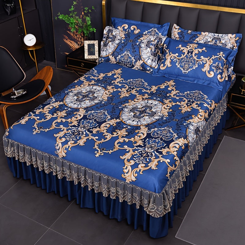Floral Ruffle Bed Skirt Cool Mat 3 Piece Set with Pillowcase, Double Layer 360° Full Wrap Washable Cooling Mattress Cover, Breathable Summer Bedding Set for Twin Full Queen King, Parisian Romantic Floral
