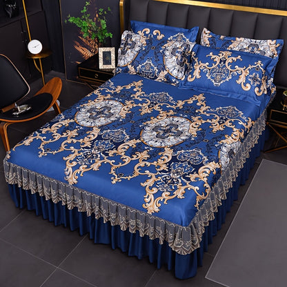 Floral Ruffle Bed Skirt Cool Mat 3 Piece Set with Pillowcase, Double Layer 360° Full Wrap Washable Cooling Mattress Cover, Breathable Summer Bedding Set for Twin Full Queen King, Parisian Romantic Floral