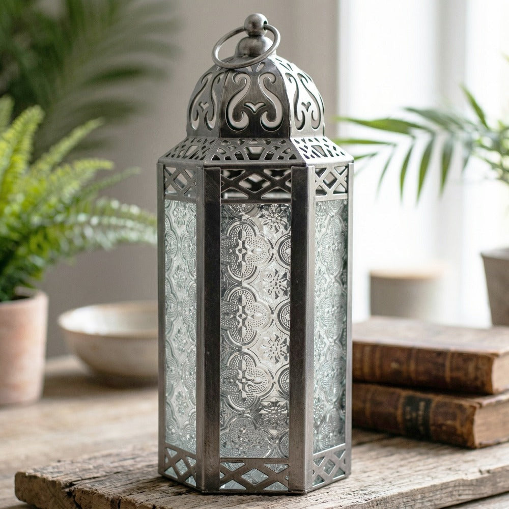 Moroccan Candle Lantern Holder - Decorative Metal & Glass Lantern with Embossed Floral Design for Indoor Home Decor, Garden, Patio, Weddings, Ramadan, Halloween & Holiday Celebrations - 10.5" Tall Medium Size