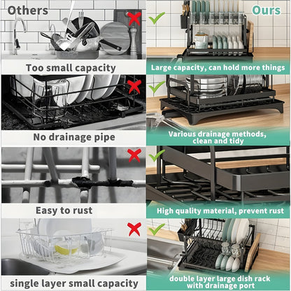 Two-Tier Dish Drying Rack with Drainboard - Metal Kitchen Dish Holder with Drainage for Countertop, Two-Level Dish Drainer for Plates, Cups & Utensils, Single or Double Layer, Black White Gray