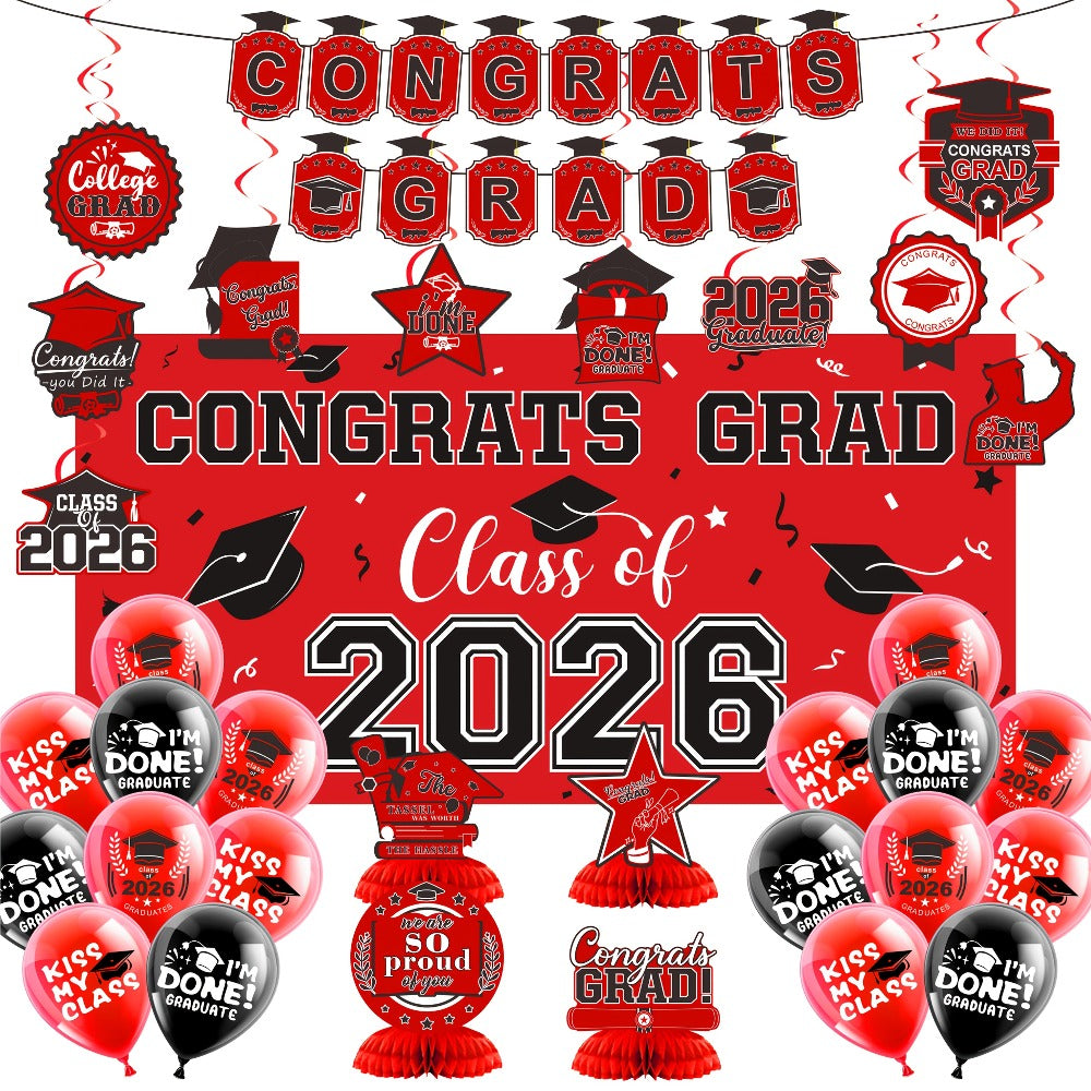 2026 Graduation Decorations Set – Congrats Grad Banner, Backdrop, Hanging Swirls & Honeycomb Table Toppers, Class of 2026 Party Supplies Kit