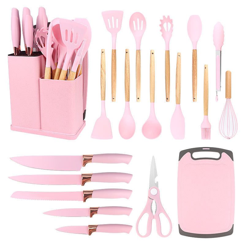 19-Piece Non-Stick Silicone Cookware Set with Bamboo Storage, Knives & Wooden Handle – Pots, Pans & Utensils for Induction & Oven