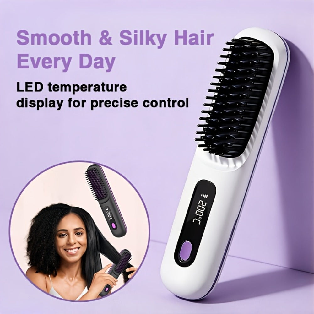 Cordless Hair Straightening Brush – Mini Rechargeable Portable Straightener Comb for Travel Daily Styling, Fast Heating Anti-Scald Frizz Control for All Hair Types, Black & White