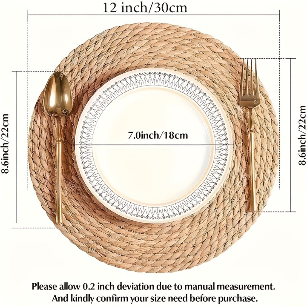 12pcs Rattan Placemats Natural Wicker Round Table Mats Heat-Resistant Non-Slip 11.8" Kitchen Dining Decor Bohemian