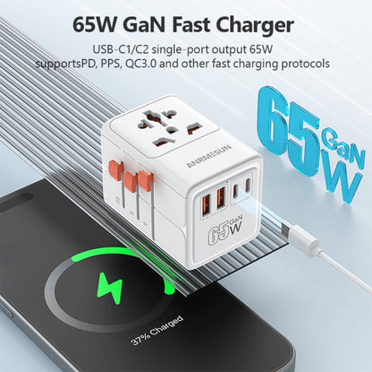 65W Universal Travel Adapter with 4 USB Ports - 2 USB-C & 2 USB-A Fast Charging, US EU UK AU Plugs, 100-240V Input, Overload & Short Circuit Protection, 200+ Countries, White & Black