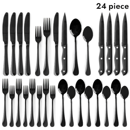 Stainless Steel Flatware Set with Steak Knives – 24/48 Piece Silverware Set Service for 4 or 8, Mirror Polished Cutlery, Dishwasher Safe, Silver & Black