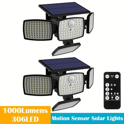 Solar Outdoor Motion Sensor Light 4-Head 3000LM – 270° Wide Angle, 3 Modes, IP65 Waterproof, Remote Control, Solar Flood Light for Garden Backyard Garage Wall Yard, 1/2/4 Pack