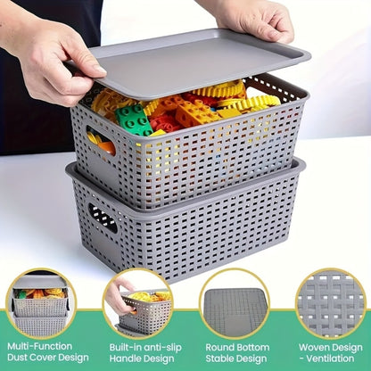 Storage Basket Set with Lids 8pcs – Plastic Desktop Organizer Bins for Document Storage, Shelf Organization & Home Office – Flip-Top Lid Baskets, White