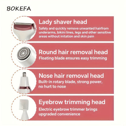 Women's Electric Razor 4-in-1 Painless Grooming Kit Wet Dry Rechargeable Trimmer for Face Nose Legs Underarm Bikini Portable Hair Removal Tool for Women