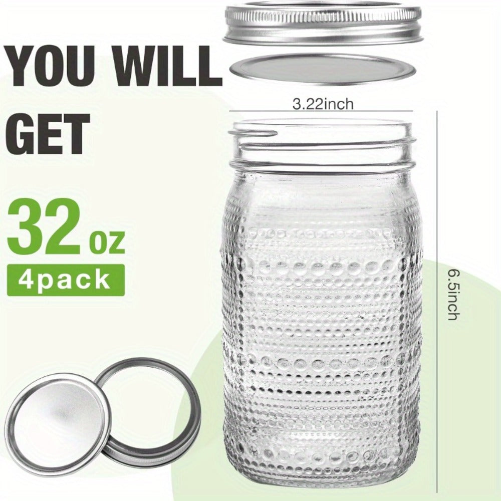 Mason Jars 32 oz Wide Mouth with Lids 4 Pack – Glass Canning Jars for Food Storage, Meal Prep, Pickling, Fermenting & Pantry Organization, Dishwasher Safe, Leak-Proof Split Seal Lid