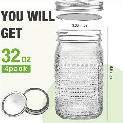 Mason Jars 32 oz Wide Mouth with Lids 4 Pack – Glass Canning Jars for Food Storage, Meal Prep, Pickling, Fermenting & Pantry Organization, Dishwasher Safe, Leak-Proof Split Seal Lid