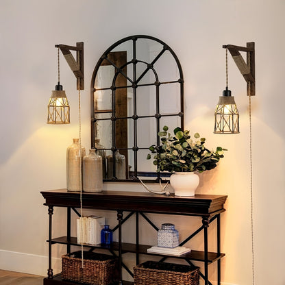 Plug In Wall Sconces Set of 2 or 1 – Rustic Farmhouse Wall Lamp with Metal Cage & Wooden Bracket, Plug-Into-Outlet Hanging Light for Bedroom, Living Room & Headboard