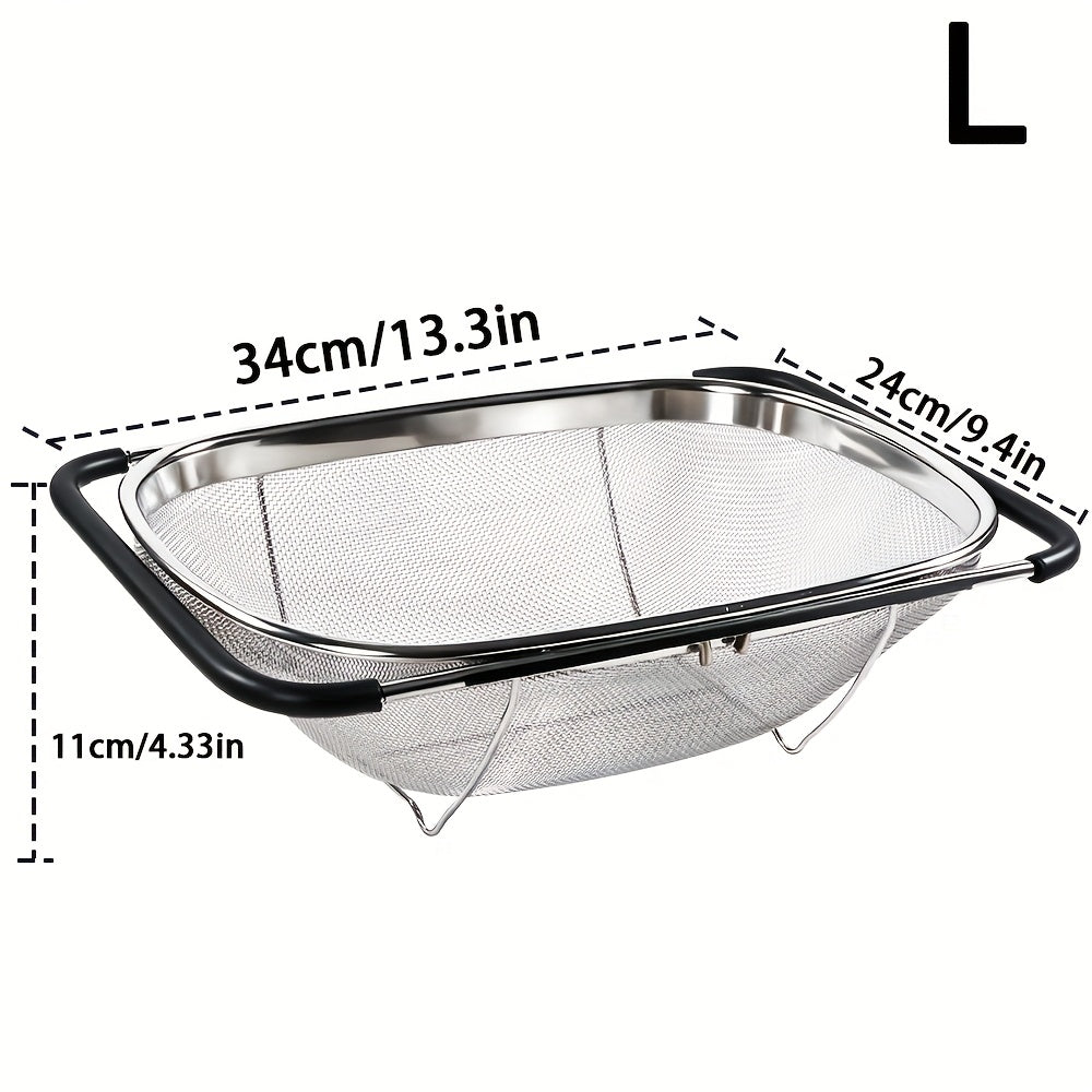 Expandable Sink Colander Stainless Steel – Over the Sink Strainer Basket with Fine Mesh & Rubber Grip, Adjustable Kitchen Drain Strainer for Vegetables, Fruits & Pasta, Small & Large Size