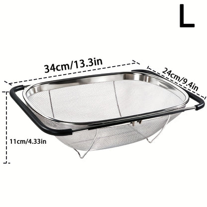 Expandable Sink Colander Stainless Steel – Over the Sink Strainer Basket with Fine Mesh & Rubber Grip, Adjustable Kitchen Drain Strainer for Vegetables, Fruits & Pasta, Small & Large Size