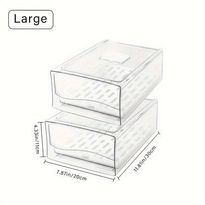 Stackable Fridge Organizer Bins with Drain Board 2 Pack, BPA-Free Refrigerator Drawer Organizer for Produce Fruit Vegetable, Reusable Food Storage Containers for Kitchen