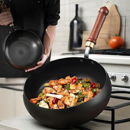 Wok Pan Carbon Steel Japanese Style Large Belly Uncoated Traditional Stir Fry Pan with Heat Resistant Handle Compatible with Gas Induction and All Stovetops for Stir Fry Soup Stew Camping Cooking