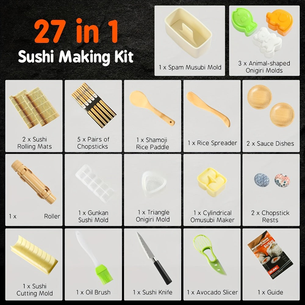Sushi Making Kit 9/27Pcs with Bamboo Rolling Mats, Rice Molds, Paddle, Knife & Chopsticks – Beginner Set for Home, School, Camping & Gifts