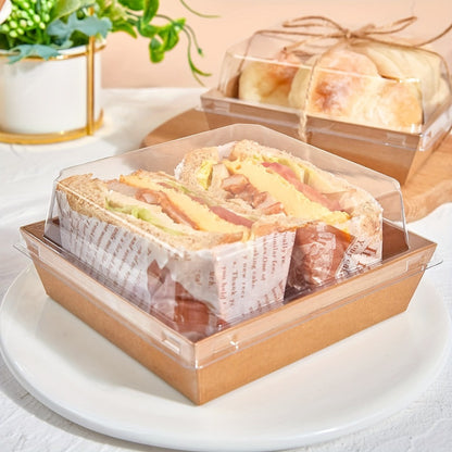 Kraft Paper Food Boxes with Clear Lid 50pcs Brown Bakery Box with String for Dessert Sandwich Cake Cookie Wedding Birthday Party Picnic Favor Packaging