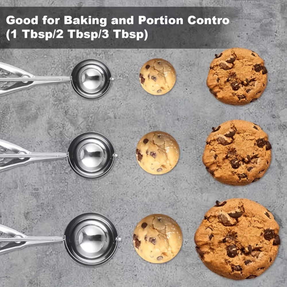 Ice Cream Scoop Set 3pcs Stainless Steel Cookie Scoop Trigger Release Fruit Scoop Watermelon Baller Dough Scoop for DIY Desserts Baking Ice Cream Shops