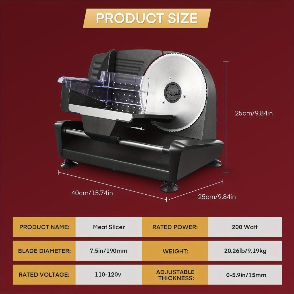 Electric Meat Slicer 200W Deli Food Slicer with Two 7.5" Removable Stainless Steel Blades 0-15mm Thickness Control Cut Meat Ham Bread Cheese Fruit for Home Use