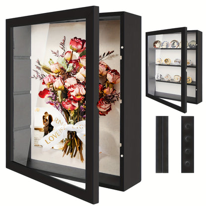 Shadow Box Frame 11x14 with 4 Removable Shelves - Large Deep Display Case for Medals Coins Pins Photos Flowers Keepsakes, Wall Hanging Memory Box for Collections, Black White Brown