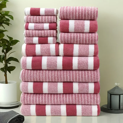Coral Fleece Towel Set 9 or 15 Piece No Hair Loss 320GSM - Super Soft Absorbent Two-Color Striped | 2 Bath 2 Face 5 Hand Towels | Gray Brown Red Green Blue Mixed | Bathroom Beach Essentials